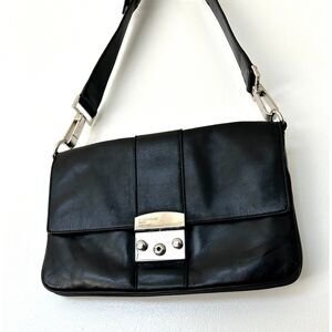 EUC Jil Sander Navy Black Leather Shoulder Bag Silver-Tone Hardware